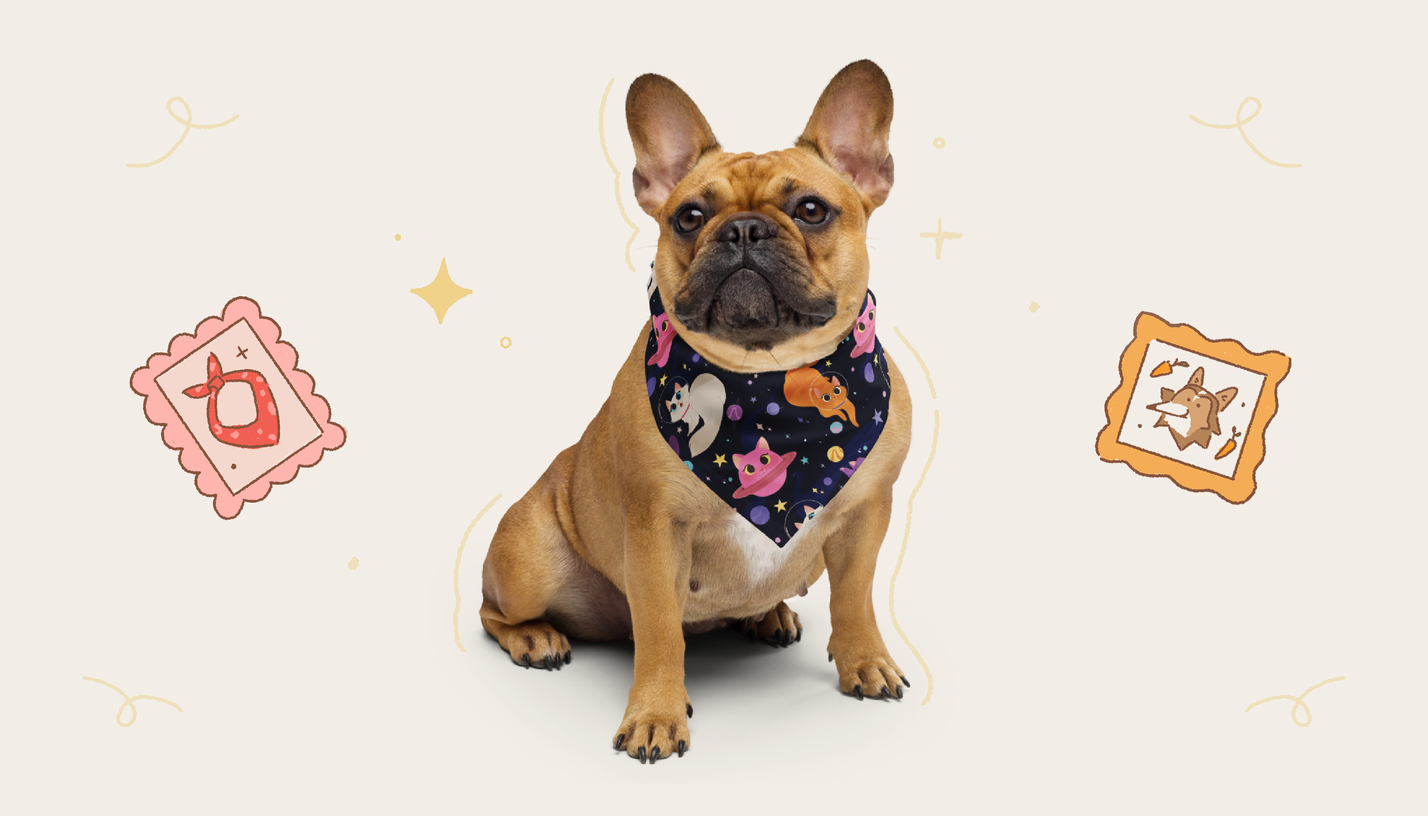 Dog with an illustrated bandana 